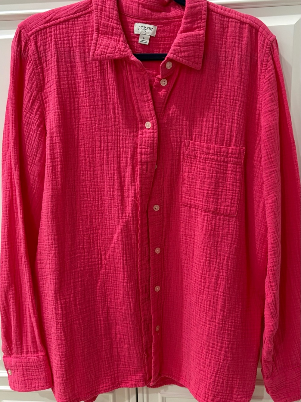J.Crew Factory Women’s Long-Sleeve Gauze Button-Up Shirt in Bright Pink